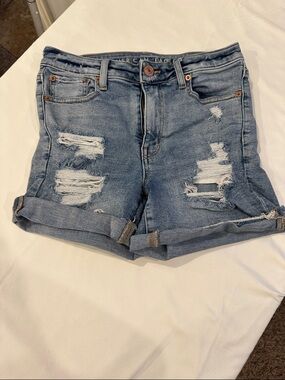American Eagle Outfitters Distressed Rolled Hem Denim Shorts - Light Blue Wash